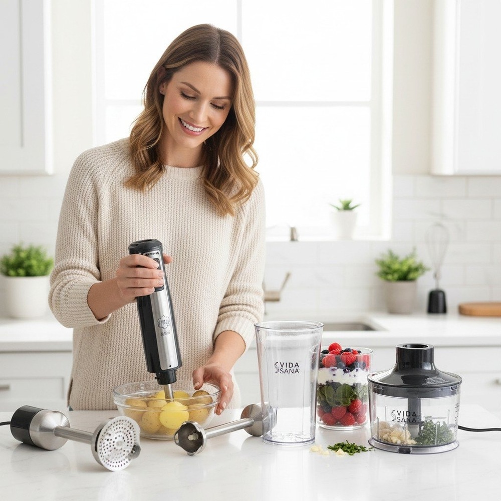 Princess House Vida Sana Immersion Blender 4-in-1 Set Black Silver NWOT 5594